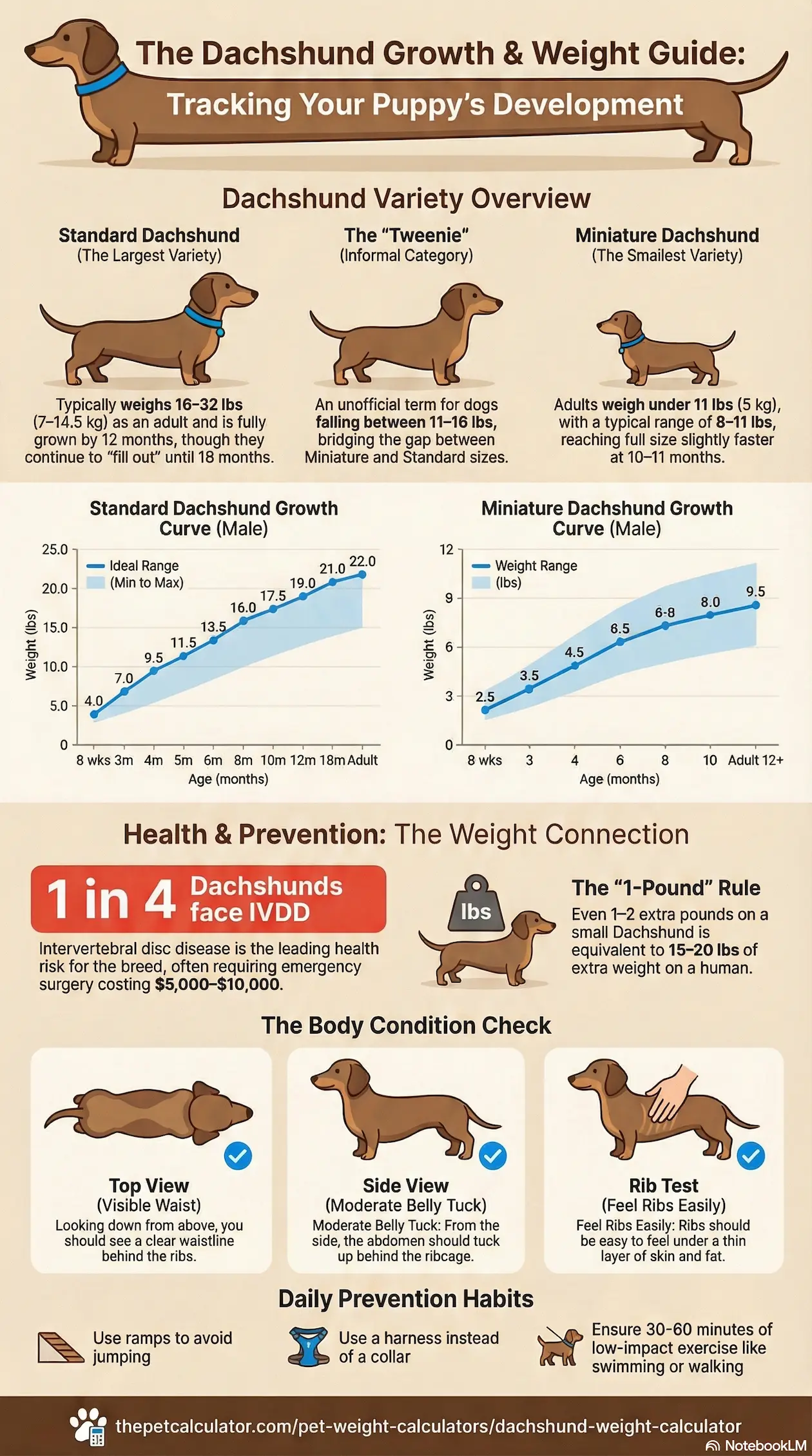 Dachshund growth and weight guide infographic — standard and miniature dachshund puppy development milestones, growth curves, and healthy weight ranges by age