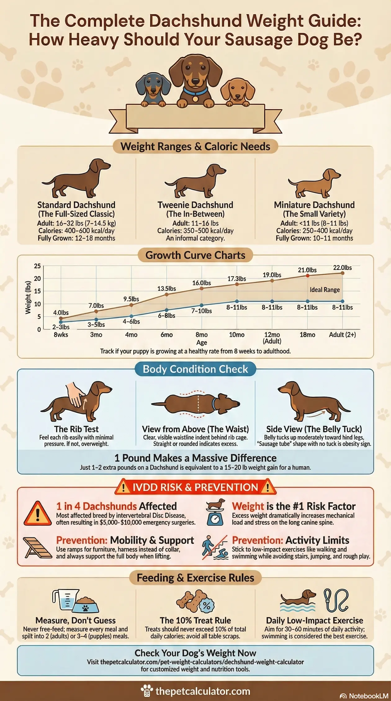 Dachshund weight IVDD and feeding guide infographic — caloric needs by variety, body condition score check, IVDD risk prevention, and daily feeding and exercise rules for sausage dogs